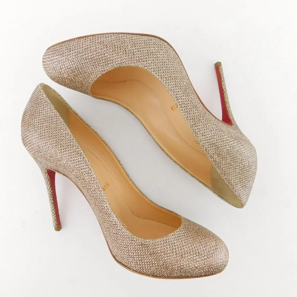 CHRISTIAN LOUBOUTIN Gold Champagne Sparkle Glitter Shimmer Lag Heel Pump 36.5